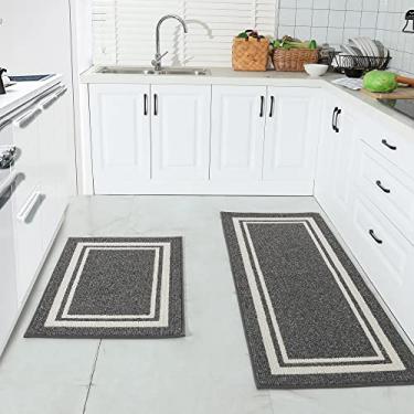 Imagem de COSY HOMEER Tapete de cozinha [2 peças] Tapetes de cozinha espessos antiderrapantes 61 cm x 89 cm + 61 cm x 152 cm Tapete de cozinha ergonômico confortável para cozinha, piso, moldura preta