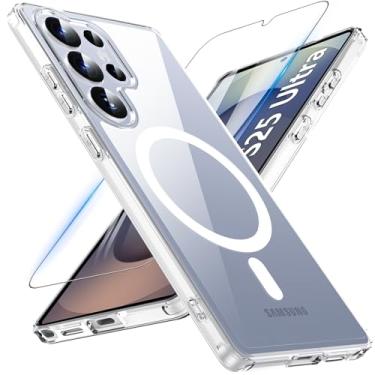 Imagem de Capa magnética para OWKEY para Samsung Galaxy S25 Ultra de 6,86 polegadas, para Magsafe. com tela de vidro temperado, [à prova de choque de nível militar], traseira preta fina transparente