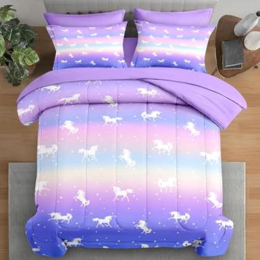 Imagem de Pamnest Jogo de lençol casal de unicórnio estrelado, 7 peças, para crianças e adultos, lençol com elástico, 2 fronhas e 2 fronhas para decoração de quarto