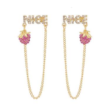 Imagem de ASHMITA Brincos de ouro 14K com strass de morango, rosa, assimétrico, zircônia, fruta, pingente de corrente, joia feminina, Acrílico, Sem pedra preciosa