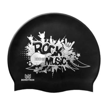 Imagem de BONDYUEN Touca de natação para crianças, meninos, meninas, homens, mulheres, com cabelo curto ou médio, divertida, design fofo, bonés de natação de silicone (black rockmusic)