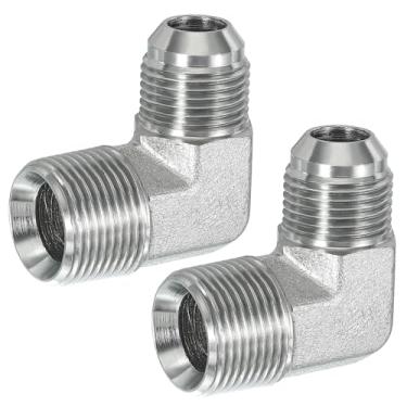 Imagem de PATIKIL Adaptador de tubo de 90 graus, 2 peças macho 7/20.3 cm flare 37° JIC x 3/10.2 cm conector macho BSPT encaixe de cotovelo de aço carbono para ar fluido hidráulico combustível água óleo, prata