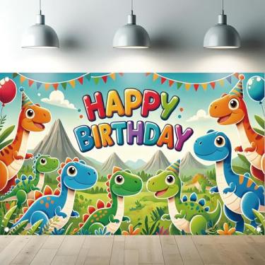 Imagem de Starlit Patio Banner de aniversário de dinossauro - Banner de aniversário de dinossauro de desenho animado para crianças - Decorações de festa de feliz aniversário com tema de dinossauro - 187 x 119