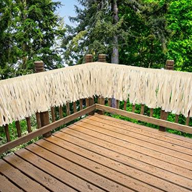 Imagem de Saia de mesa tropical com franja de ráfia havaiana Luau Grass Raffia Tiki Decorações de festa Saia de mesa com franja de verão para decoração de festa de formatura de aniversário (2 peças, 3 x 0,3 m)