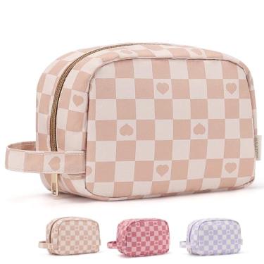 Imagem de MAXTOP Bolsa de maquiagem quadriculada, bolsa de higiene pessoal de viagem, bolsa organizadora de cosméticos de viagem para mulheres, Malha marrom camelo