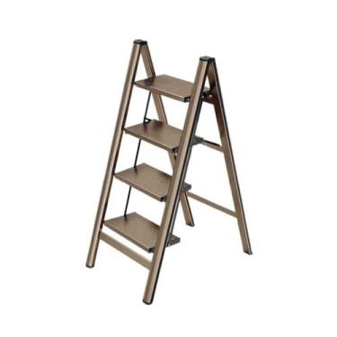 Imagem de Escada dobrável Escada Doméstica Interna Multifuncional Engrossada Liga de Alumínio Escada Dobrável Três Degraus Escadas Portátil Pequena Escada Bancos Banco de degrau dobrável(Gold,Grande)