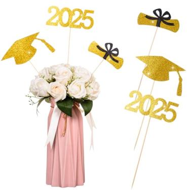 Imagem de 12 peças de bastões de mesa de formatura com glitter dupla face, bastões de peça central 2022, palitos de bolo de palitos florais para turma de 2022 High School Graduation Party (dourado)