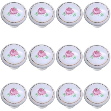 Imagem de Tverghvad Puxadores de gaveta de cerâmica pintados à mão, [pacote com 12] puxadores de cômoda vintage pintados com flores, puxadores e puxadores de armário de cozinha antigos (rosa, 12 peças)