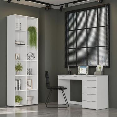 Imagem de Kit 2 Peças Escrivaninha 120 Cm 7 Gavetas com Estante Multiuso 12 Nichos Caracol
