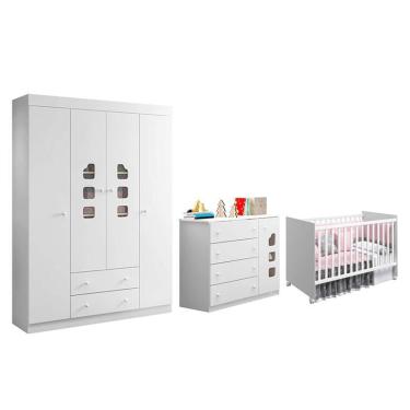 Imagem de Dormitório Infantil Lívia Guarda Roupa, Cômoda e Berço Tico - Phoenix Baby Branco
