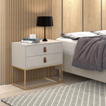 Imagem de Mesa de cabeceira estilo industrial 2 gavetas base de ferro dourado Cor: Off White
