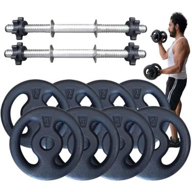 Imagem de Kit 2 Barras 40 Cm Rosca + 20Kg De Anilhas = 4 De 3Kg + 4 De 2Kg