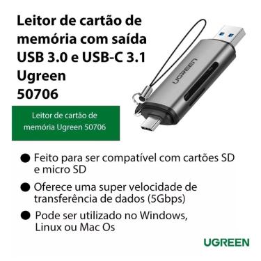 Imagem de Leitor de Cartão de Memória ( 2 em 1 ) ugreen Adaptador USB 3.0 sd Micro sd tf ( usb-c + usb-a ) 5 Gbps compatível Macbook M3 M2 M1 iPad iPhone 15 Plu