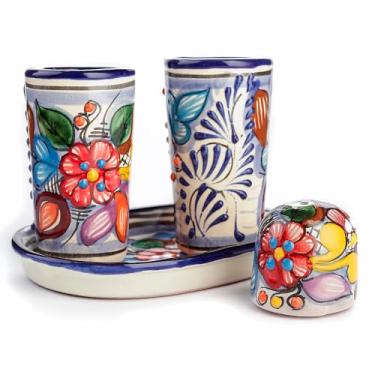 Imagem de MEXTEQUIL Talavera Copos de shot de tequila com bandeja e saleiro (conjunto de 2) - Conjunto de presente mexicano autêntico pintado à mão (Puebla)