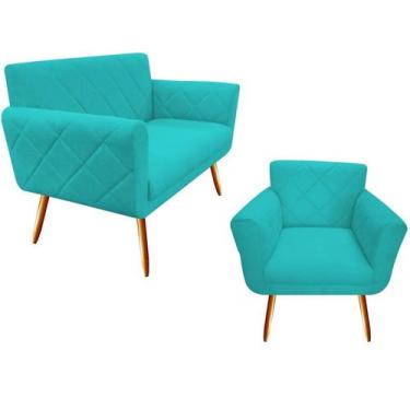 Imagem de Kit Namoradeira + 1 Poltrona Decorativa Sabrina Suede Azul Turquesa Pé