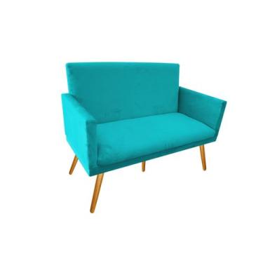 Imagem de Namoradeira Nina Decorativa Suede Azul Turquesa 2 Lugares Pés Madeira 