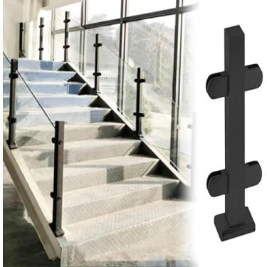 Imagem de LGEOELIAS Postes de cerca de vidro para pátio, sistema de corrimão de escada de aço inoxidável preto, coluna divisória de balaústre quadrada para azulejo/madeira/superfície de concreto