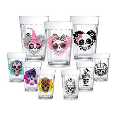 Imagem de Kit 3 Copos Americanos Vidro Resistente Personalizados 190ml Decorado C/Caveiras Fofas, de Terror Dark e Caveira Mexicana Presente Gótico Halloween Cute (Rosa/FOFA)