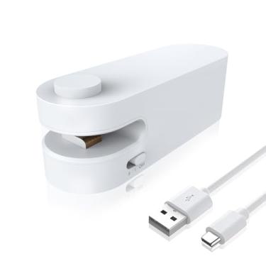 Imagem de Mini seladora de bolsa, seladora e cortador 2 em 1, seladora com chip recarregável por USB, seladora térmica com cortador, 2 engrenagens ajustáveis, cordão e revendedor de bolsa magnética para lanches
