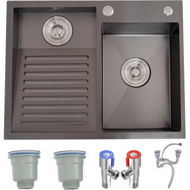 Imagem de Pia De Lavanderia Com Tábua De Lavar Sus 304 Pia De Banheiro De Aço Inoxidável, Bacia Dupla Embutida Lavatório De Tábua De Lavar Prata/Preto Vários Tamanhos Pisc, Black-l, 60x48cm