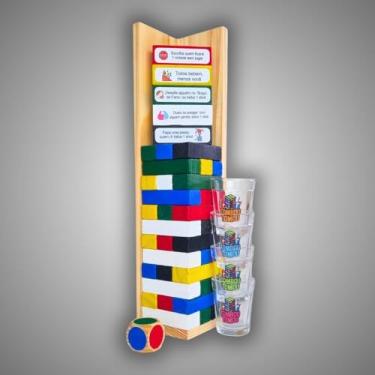 Imagem de Jogo de Bebidas Tombou Tomou Torre de Blocos Coloridos em Madeira com 4 Copos e Dado Jogo para Festas