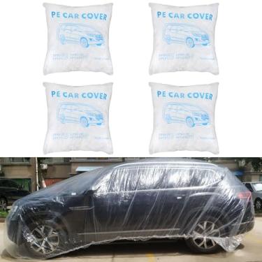 Imagem de Pacote com 4 capas de carro descartáveis, capa de plástico transparente para carro, capa universal para veículos, chuva, poeira, garagem, capa protetora de carro com faixa elástica média para Sedan