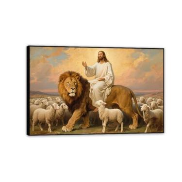Imagem de Arte de parede em tela Jesus e leão Jesus montando o leão cordeiro impressão catedral religiosa cristianismo imagem decoração de parede para sala de estar 60 x 40 cm (24 x 16 pol) moldura preta