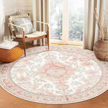 Imagem de Castage Tapete redondo rosa de 1,8 m, tapetes grandes para sala de estar, quarto, sala de jantar, lavável, boêmio, vintage, boêmio, envelhecido, oriental, floral, antiderrapante, blush floral