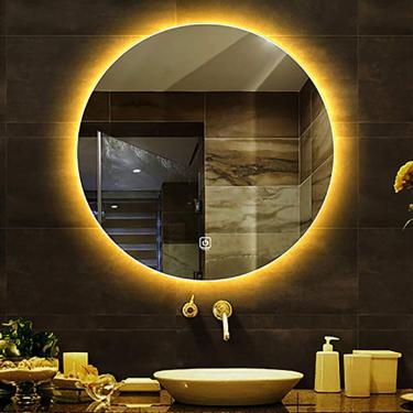Imagem de Espelho, Espelho Hd à Prova De Explosão Para Banheiro Iluminado Por Led Com Luz De Fundo, Redondo Sem Moldura Montado Na Parede, Espelho Vity Para Barbear, Warm Light, 60CM No switch