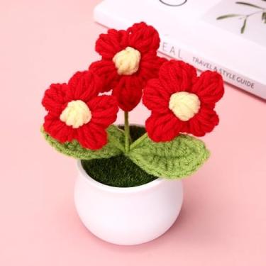 Imagem de Fyrcomft Vaso de flores de crochê de tricô, flores vermelhas para amigos, familiares e amantes, flores feitas à mão para decoração de escritório em casa, decoração de carro e presente de dia dos