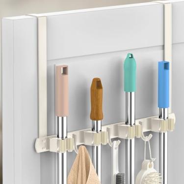 Imagem de PrimZooty Suporte Para Vassoura Sobre A Porta - Esfregão E De Aço Inoxidável 304 Montagem Na Parede Ou Pendurado Com Ganchos Vassoura, Organizador Ferramentas Armazenamento Vassouras Armário Lavande