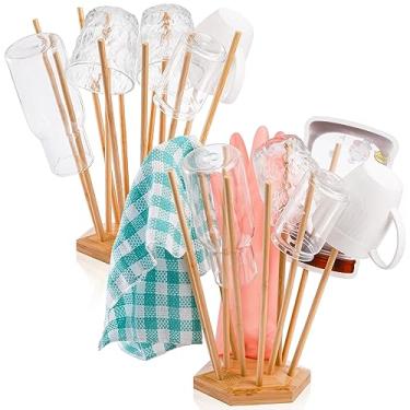 Imagem de Elsjoy Conjunto de 2 sacos de plástico e escorredor de garrafas, suporte de bambu para secadora com 12 varas, suporte de escorredor reutilizável para armazenamento de cozinha, base hexagonal