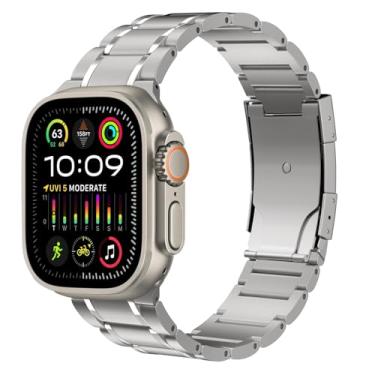 Imagem de MoKo Pulseira de titânio compatível com Apple Watch Ultra 3/2/1 de 49 mm, S11/S10 46 mm, 9/8/7 45 mm, SE3/SE2/SE/6/5/4 de 44 mm, 3/2/1 de 42 mm, Business Metal com fecho dobrável, prata