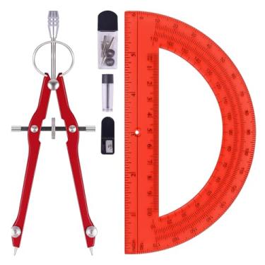 Imagem de Unjoo Conjunto de bússola e transferidor, ferramenta profissional de bússola de desenho, bússola de metal com refis extras, bússola para geometria e transferidores matemáticos de 15 cm 180 graus
