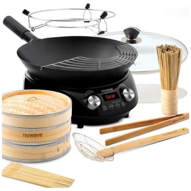 Imagem de Cooktop de Indução Portátil com Controle de Temperatura, Livro de Receitas Wok, Panela de 35vm e 8 Acessórios de Bambu Incluídas, 110V