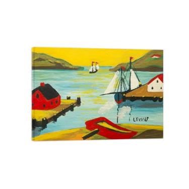 Imagem de Maud Lewis Impressão de arte de parede em tela - Imagem de arte em tela com moldura de madeira - Cena de porto com barco - reprodução de pintura de paisagem pôster para casa 40 x 55 cm 16 x 22