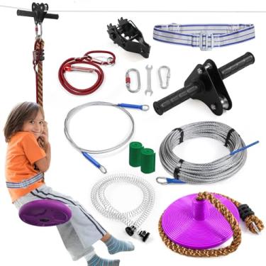 Imagem de Kit de tirolesa de 50 metros para crianças e adultos de até 181 kg - retratores especiais e assentos de disco espesso, kit de tirolesa para quintal