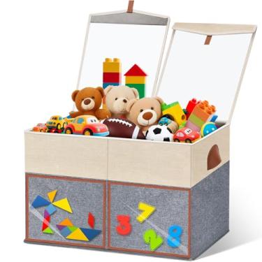Imagem de LVGOATH 1 caixa grande de armazenamento de brinquedos com tampas transparentes, organizador de brinquedos dobrável com divisórias ajustáveis, cesto de armazenamento infantil para meninos e meninas