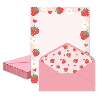 Imagem de Whaline Conjunto de 30 peças de papelaria de morango com envelopes, papel de escrita de frutas silvestres rosa para decoração de presente de convite para festa de aniversário, chá de bebê, 21 x 28 cm