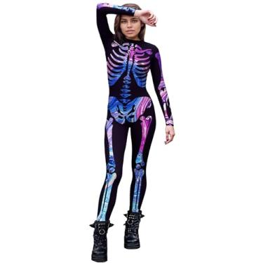 Imagem de FEOYA Macacão de esqueleto para mulheres, estampado em 3D, cosplay, festa, fantasia, manga comprida, gola alta, Halloween, body de corpo inteiro, padrão skinny, G