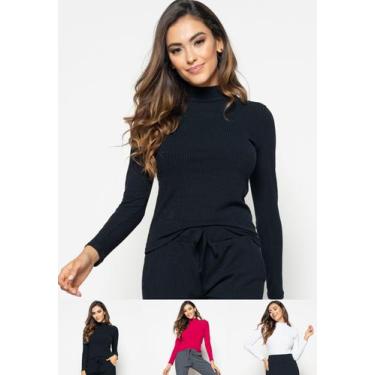 Imagem de Kit 3 Blusas Gola Alta Manga Longa Malha Canelada Preta, Rosa e Branca