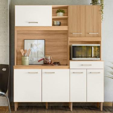 Imagem de Cozinha Compacta Yara 7 Portas 1 Gaveta Ripado 3d Freijó/Off White - Nicioli