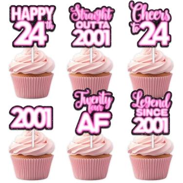 Imagem de 18 peças de enfeite de cupcake de sobremesa com glitter rosa para Straight Outta 2001 Legend Since 2001 suprimentos de decoração temática homens felizes 24 anos decorações de festa