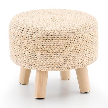 Imagem de Cpintltr Pufes de apoio para os pés de alga marinha natural otomana com trama à mão para sofá, mesa, banco macio, descanso de pé acolchoado com pernas de pinheiro para sala de estar e quarto (branco