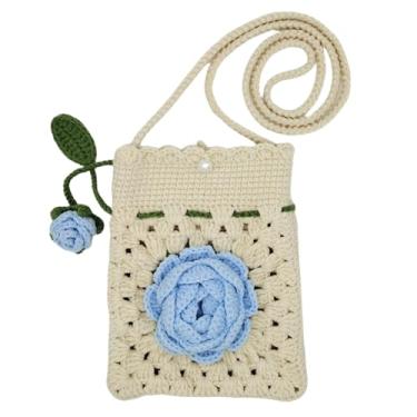 Imagem de HNOMISE Bolsa feminina de crochê feita à mão com flor de girassol, B - azul, 17*14cm