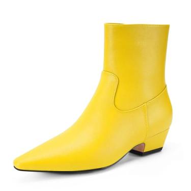 Imagem de Perisis Bota feminina de cano curto, bico fino, grosso, salto baixo, confortável, casual, com zíper lateral, Poliuretano amarelo, 42