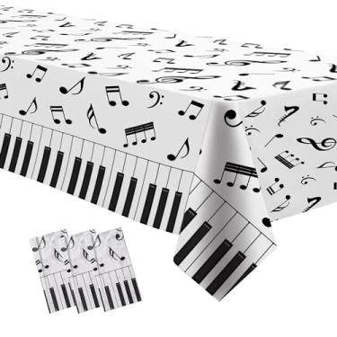 Imagem de Suhelkit Decoração de toalha de mesa de festa com tema musical, pacote com 3, notas musicais descartáveis em preto e branco, capa de mesa para festa com tema de mídia social, chá de bebê, 137 x 274 cm