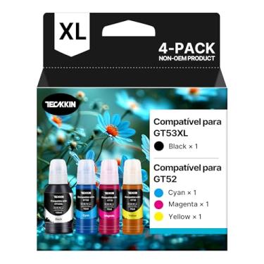 Imagem de TECKKIN Garrafa de Tinta Compatível com HP GT52 GT53XL Compatível com HP Ink Tank 110 115 116 310 Smart Tank 500 508 530 615 DeskJet GT5810 5820 (4 Garrafas, Preto, Magenta, Ciano, Amarelo)