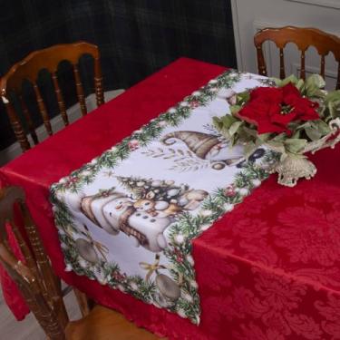 Imagem de Kit Toalha De Mesa Retangular Jacquard 3,00x1,50 (8 Lugares) + 1 Caminhos de Mesa (Decoração Natalina, Decorativa Para Natal) (BONC DE NEVE DOURADO)