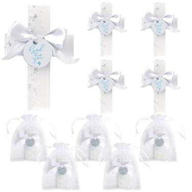 Imagem de Conjunto de 10 lembrancinhas de batismo para convidados God Bless You Cross Magnet para primeira comunhão batismo chá de bebê lembrancinhas de festa presente de batismo (laço prata e branco)